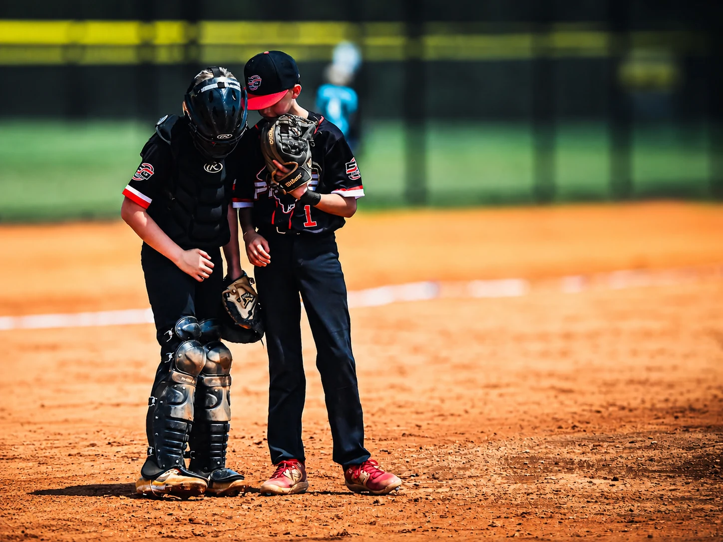 5G Prime pitcher and catcher talking on the field