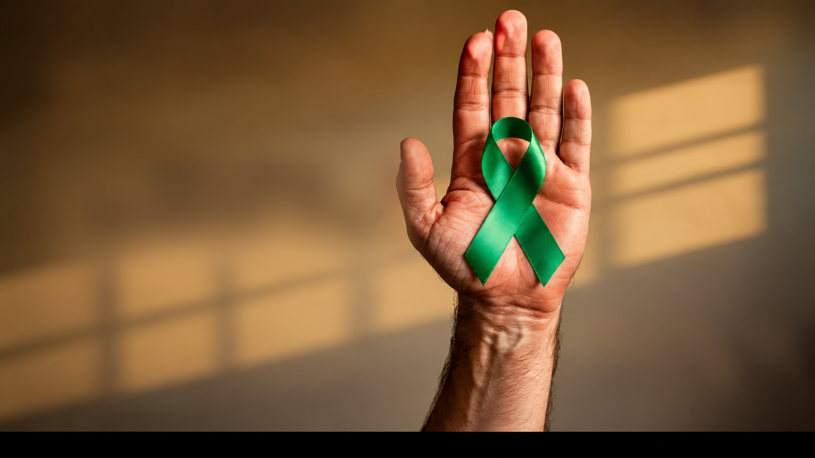 Hand holding a green mental health awareness ribbon