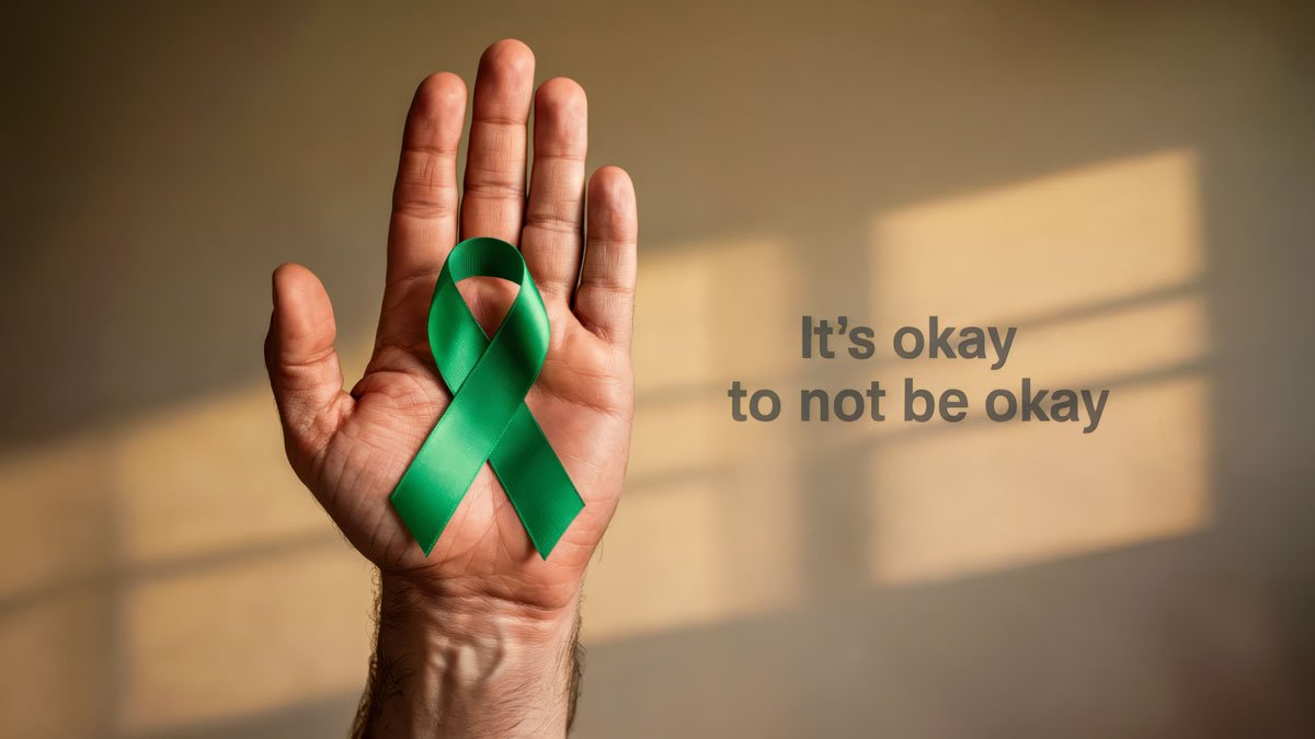 Hand holding a green mental health awareness ribbon