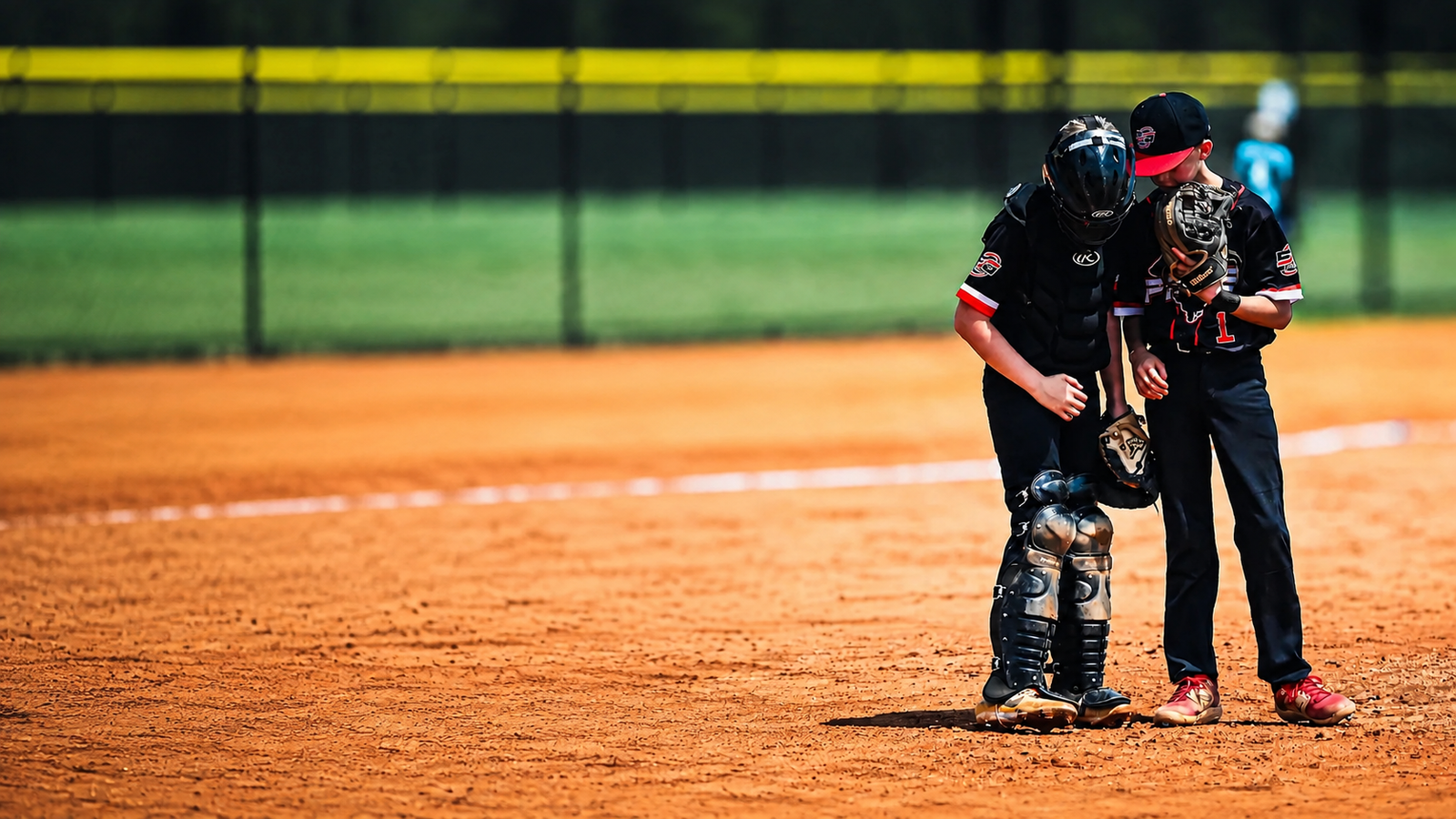 Two youth baseball players supporting each other on the field