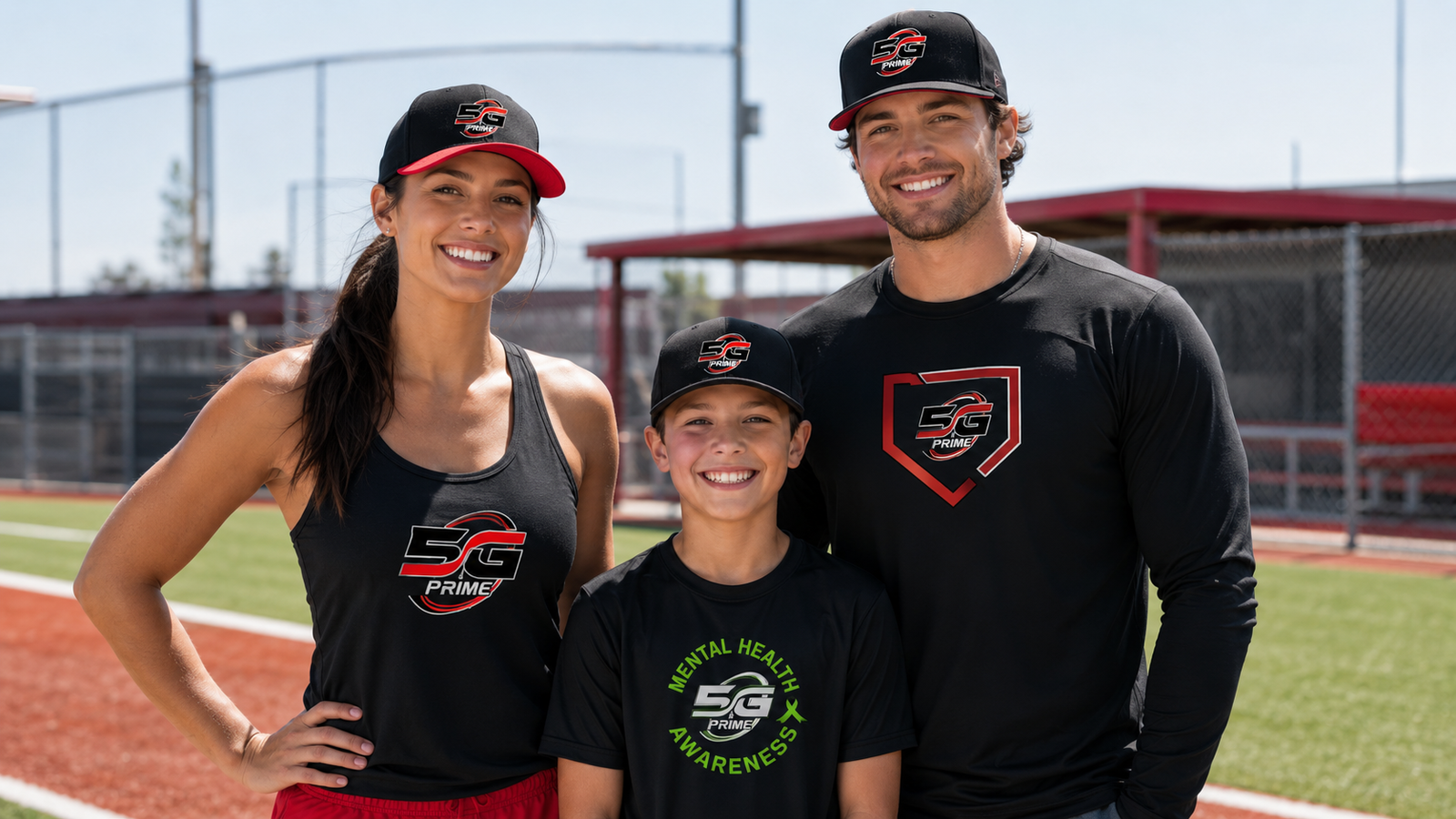 Woman, man, and kid wearing 5G Prime apparel at a baseball complex