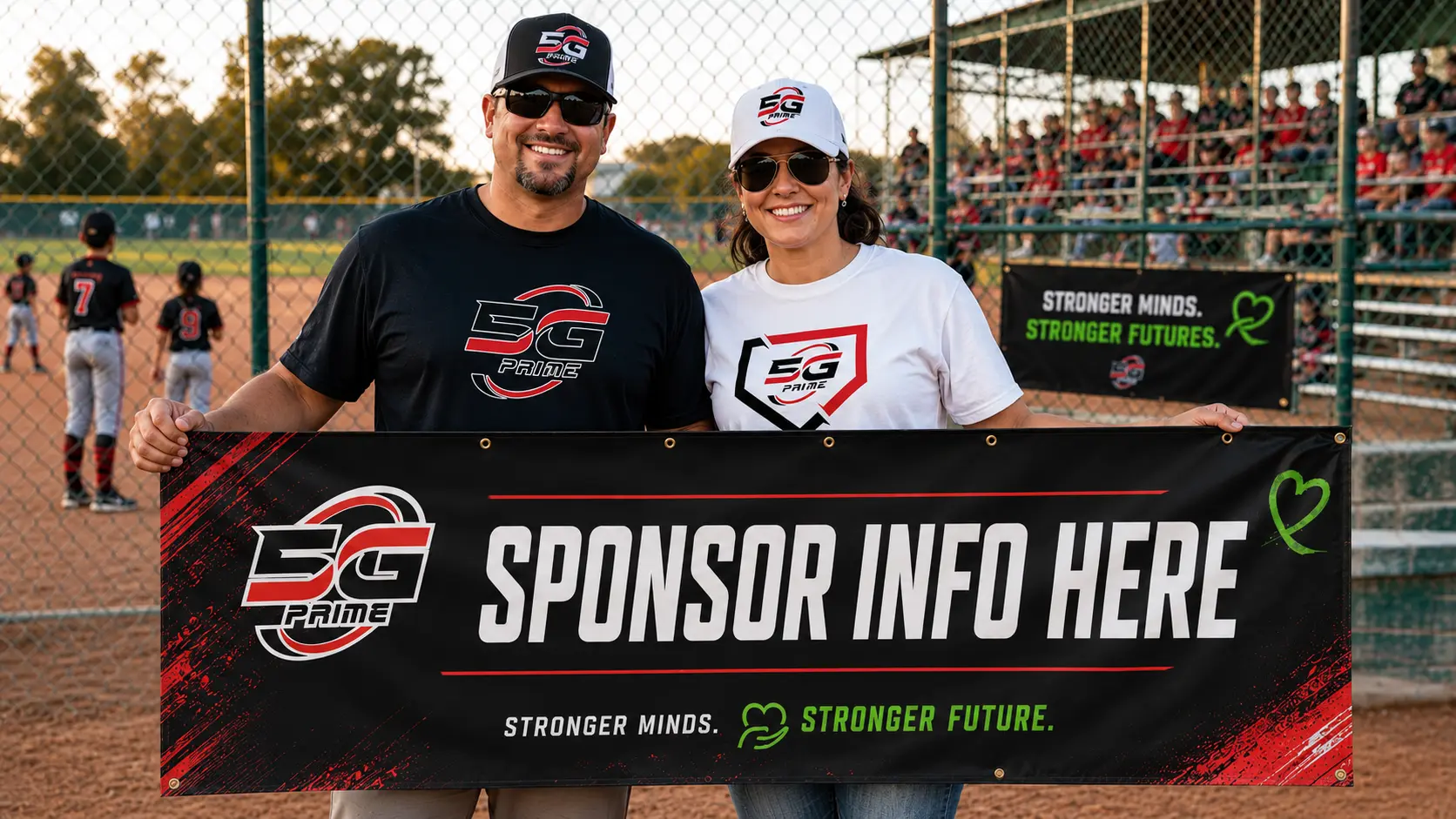 5G Prime supporters displaying a sponsorship banner at the ballpark
