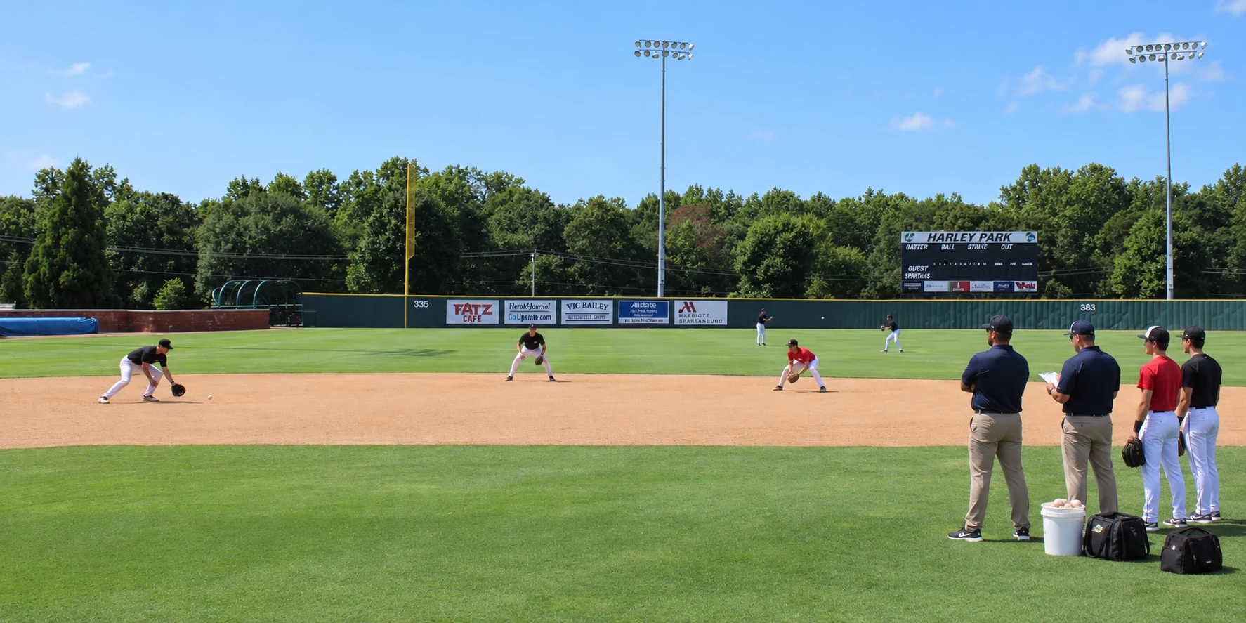 AI scout-day visualization based on USC Upstate’s Harley Park, with prospects fielding and evaluators watching near the original scoreboard